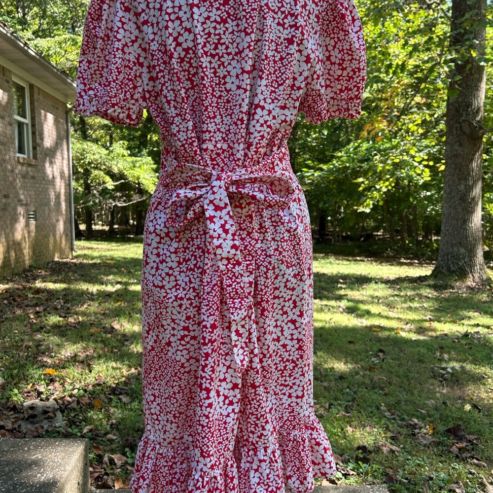Ashley Judd Size 14 Cotton Dress Red White Flower Print - Picture 5 of 7